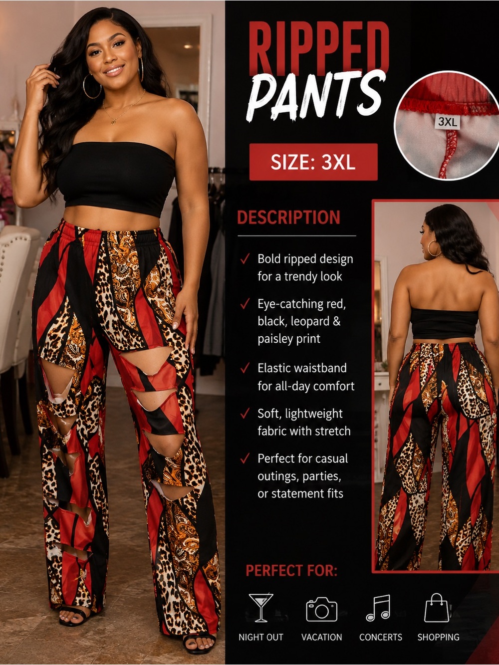 Ripped Wide-Leg Pants in Red, Black & Leopard Print